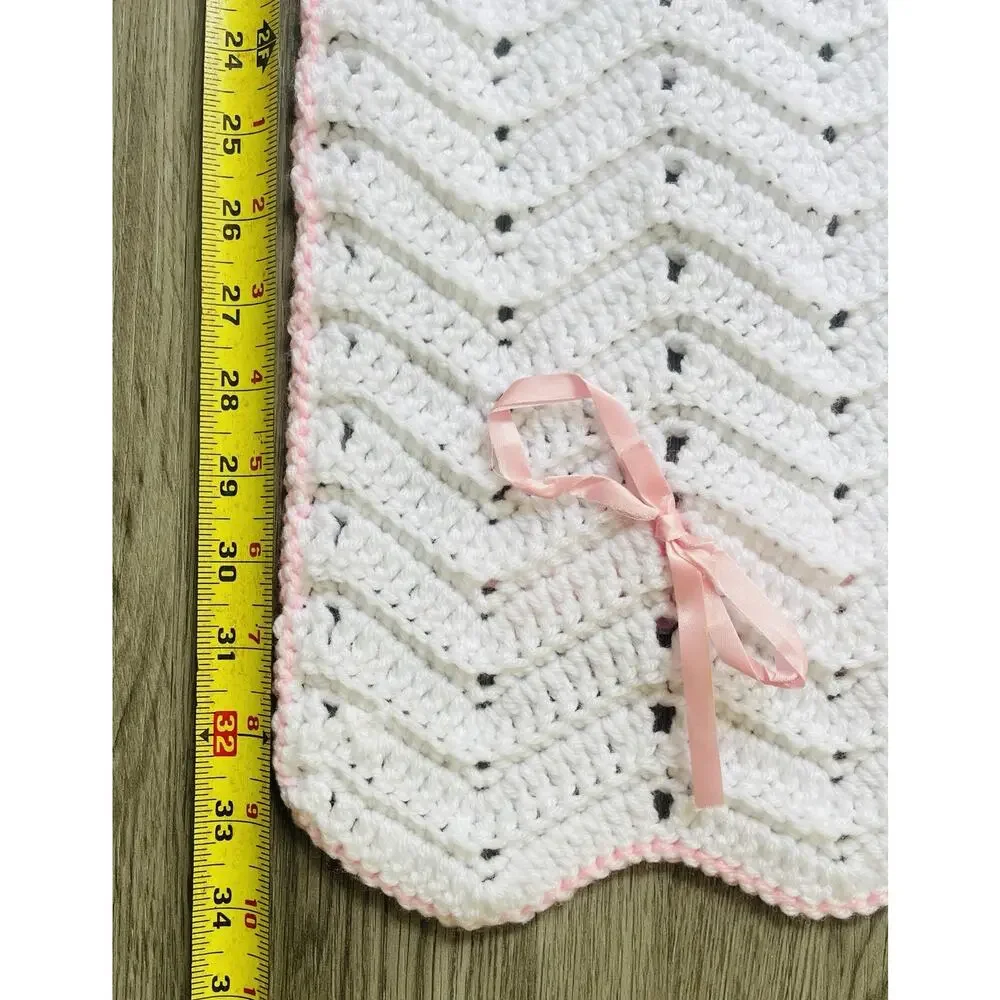 Vintage Crotchet Baby Crib Blanket Handmade White & Pastel Pink Satin Ribbon Bow